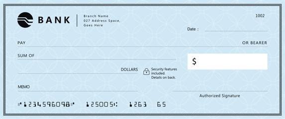 Wall Mural - blue bank check, vector blank money cheque, checkbook template with guilloche pattern and fields. cu