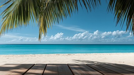 Poster - Stunning Tropical Beach View with Palm Leaves Framing Crystal Clear Ocean and Blue Sky : Generative AI