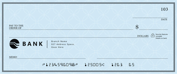 Wall Mural - blue bank check, vector blank money cheque, checkbook template with guilloche pattern and fields. cu