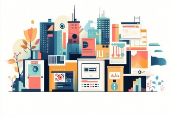 Futuristic city skyline with digital interface elements