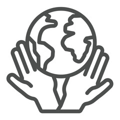 Poster - Planet earth in human palm hands line icon, charity concept. Vector graphics. Globe with hands, world sign on white background, outline style icon for mobile or web design.
