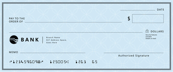 Wall Mural - blue bank check, vector blank money cheque, checkbook template with guilloche pattern and fields. cu