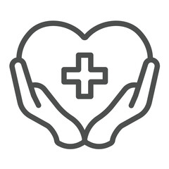 Poster - Heart and medical cross in hands line icon, charity concept. Vector graphics. Hands with cross on heart, donation sign on white background, outline style icon for mobile or web design.