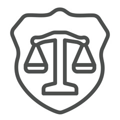 Fototapete - Weigh scales on safety emblem line icon, law enforcement concept. Vector graphics. Libra scales on shield, judgement sign on white background, outline style icon for mobile or web design.