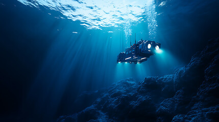 Poster - An AI powered robot assisting in deep sea exploration and underwater research, underwater environment with real-time data on oceanic exploration and robotic assistance, Marine technology style