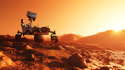 Poster - An AI powered robot assisting in space exploration by analyzing data from Mars rovers, Mars landscape with real-time data on exploration findings and robotic data analysis, Space technology style