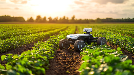 Poster - an ai powered robot conducting advanced precision farming for soil analysis, farm field with real-ti