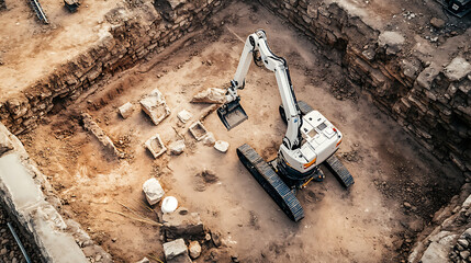 Poster - An AI powered robot conducting archaeological excavation and artifact preservation, excavation site with real-time archaeological data and robotic tool usage, Cultural heritage technology style