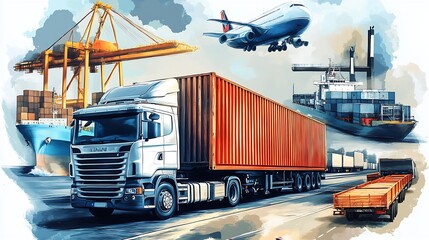 Poster - Vibrant graphic illustration of diverse transport vehicles including trucks planes and ships for logistic concepts : Generative AI