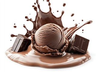 Aufkleber - Tempting view of chocolate ice cream with melting chocolate sauce and chunks in a splashy scene : Generative AI