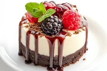 Poster - Mouthwatering Cheesecake Garnished with Berries and Chocolate Sauce for a Rich Dessert Experience : Generative AI