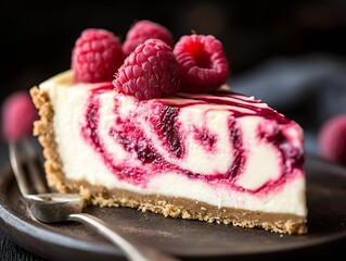 Poster - Gourmet raspberry cheesecake with beautiful swirls and a rich crumbly crust for dessert lovers : Generative AI