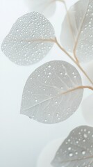 Aufkleber - In a tranquil indoor setting, delicate leaves display a mesmerizing array of tiny droplets that glisten softly, capturing the essence of freshness and calm