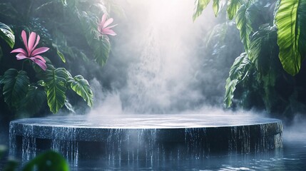 Poster - Round stone podium with water cascading over edge in tropical jungle setting with steam or fog for product placement