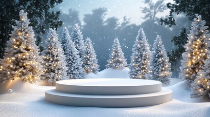 Poster - Nighttime snowy forest 3d render with glowing christmas trees and empty round podium in the middle