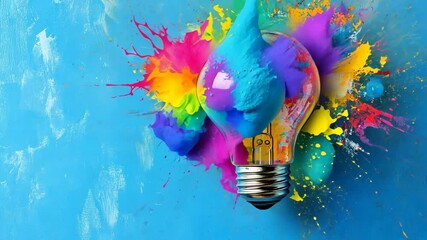 Poster - Creative Spark: Exploding Ideas in Vibrant Colors Around a Light Bulb