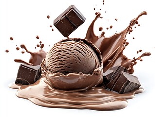 Aufkleber - Irresistible presentation of chocolate ice cream in a splash with textured chocolate blocks around it : Generative AI