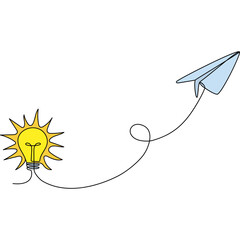 Poster - Light bulb with flying paper plane continuous line drawing. Idea conceptual symbol. Insight concept. Vector color illustration isolated on white.	