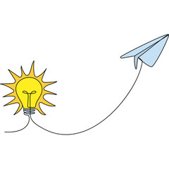 Poster - Light bulb with flying paper plane continuous line drawing. Idea conceptual symbol. Insight concept. Vector color illustration isolated on white.	