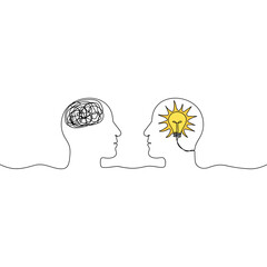 Poster - Human heads with lightbulb and confused thoughts continuous line drawing . Mental health linear concept. Problem solution symbol. Creative idea process. Vector illustration isolated on white.	