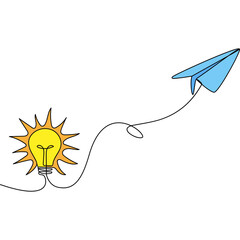 Poster - Light bulb with flying paper plane continuous line drawing. Idea conceptual symbol. Insight concept. Vector color illustration isolated on white.	