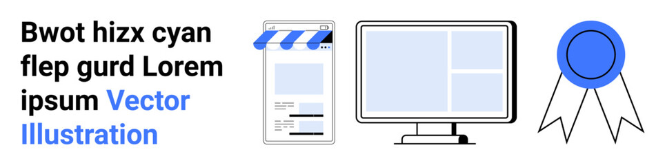 Storefront app design, web screen for browsing, and a certificate badge. Ideal for ecommerce, digital branding, quality assurance, web development, startup success, awards simple landing page