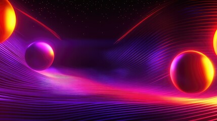 Poster - D background of translucent spheres in neon colors, futuristic sci-fi concept, glowing energy particles in deep space