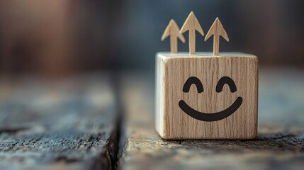 Aufkleber - Happy wooden block with three upward arrows, symbolizing growth and positivity