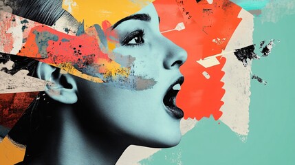 Aufkleber - Woman with blue skin is shouting with a colorful collage background