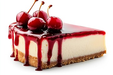 Poster - Gourmet cherry cheesecake slice with rich icing and fresh cherries garnishing the top : Generative AI