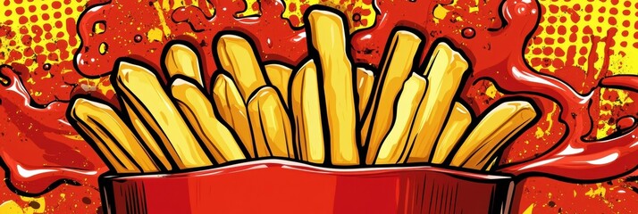 Poster - Bold pop-art illustration featuring vibrant french fries and playful ketchup splashes in a dynamic composition of colors