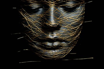 Poster - Minimalist art piece showcasing a gold thread outline of a face on a striking black background