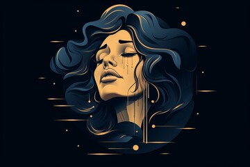 Poster - Elegant minimalist face outline designed with shimmering gold threads against a black backdrop