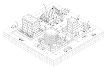 Poster - A cityscape with a lot of buildings and a few cars. The buildings are tall and the cars are parked on the street. Scene is busy and bustling. Isometric view
