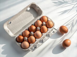 Poster -  A carton of brown eggs with six visible eggs inside it placed on a white surface next to an open carton containing four eggs. The image captures the essence of freshness and variety in egg choices.