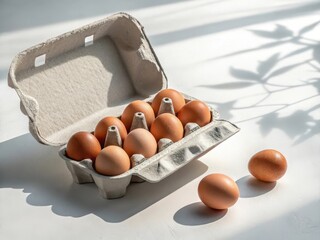 Poster -  A carton of brown eggs with white shells is open, revealing six whole eggs inside. The carton sits on a countertop with sunlight filtering through a window in the background.