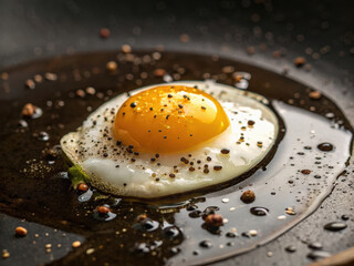 Poster -  A fried egg with peppercorns on top sits atop a black skillet filled with seasoned flour. The egg is surrounded by a variety of dips and sauces, including hummus, salsa, guacamole, and pesto.