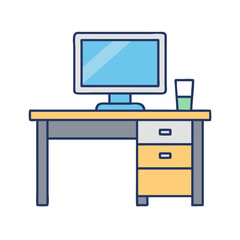 Poster - Illustration of a computer desk setup for home office or study with monitor and glass of water design