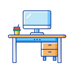 Poster - Illustration of desk with computer monitor and drink for office or study setup for workspace design