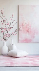 Aufkleber - In a tranquil living area, elegant white vases hold delicate pink blossoms. A soft cushion rests on a pink-hued rug, complemented by a misty artwork that enhances the calming atmosphere