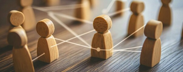Poster - Connecting wooden figures with lines to illustrate networking concept