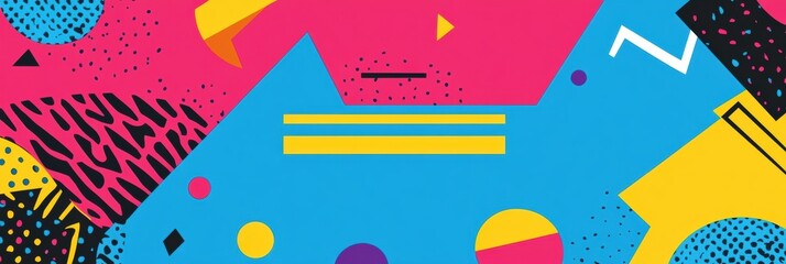 Aufkleber - Retro Memphis style background with bold geometric shapes and bright neon colors creates a playful and dynamic visual experience