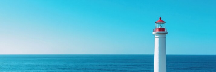 Aufkleber - Coastal lighthouse shines under vibrant blue sky and turquoise sea during summer vacation