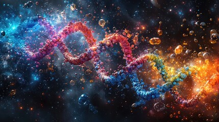 colorful dna strand in space, cosmic background, science concept, medical illustration