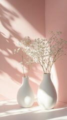 Poster - Sunlight gently filters through, casting playful shadows on two elegant white vases filled with delicate flowers, set against a warm blush pink backdrop