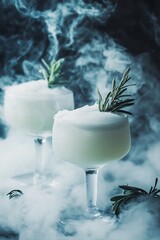 Poster - Two elegant cocktails with rosemary sprig garnish emerging from refreshing smoke