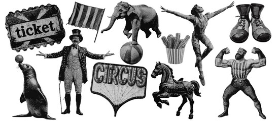 Wall Mural - set of circus entertainment halftone grunge vector design elements
