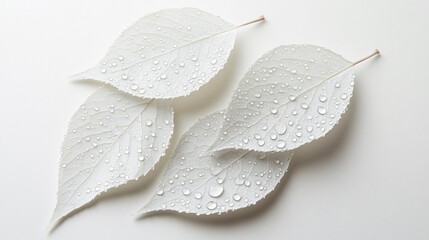 Aufkleber - Delicate white leaves rest on an immaculate surface, adorned with glistening droplets that catch the light, highlighting natural beauty and serenity
