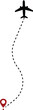 © Asia - Airplane line paths icon. Aircraft tracking planes, travel, map pins, location pins vector isolated on transparent background. Romantic travel, heart dashed line trace and plane routes.