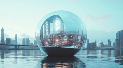 Poster - A tiny futuristic city built inside a floating bubble.